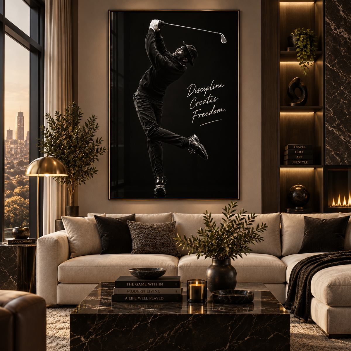 Golf office decor – Discipline Creates Freedom black golfer acrylic print with white script above a cream sofa in a luxury living room by Rossetti Art