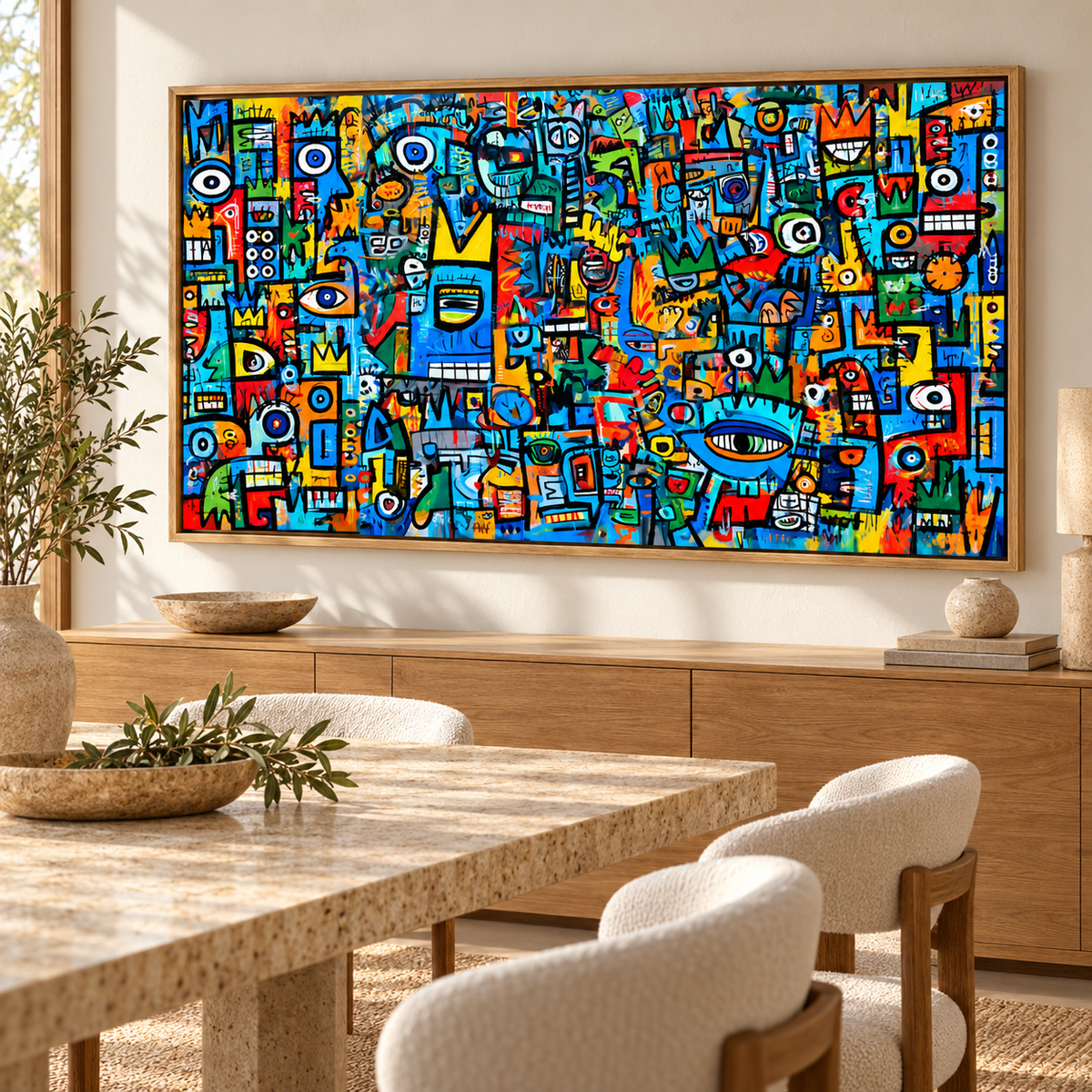 Graffiti Wall Art Canvas Print – Crown Street Chaos in a floater frame in a warm dining room by Rossetti Art