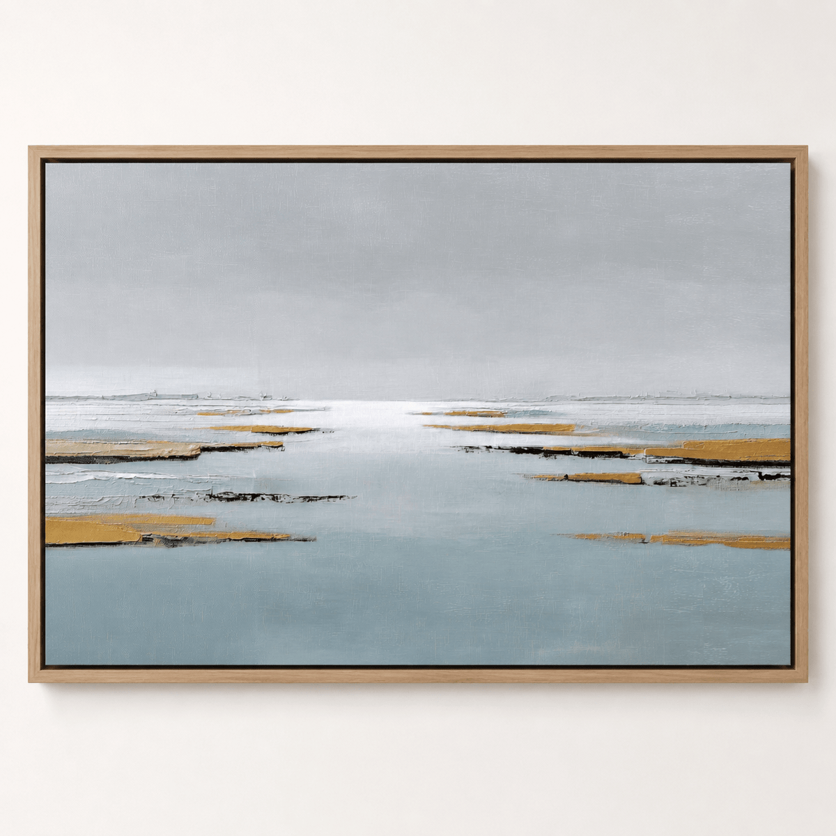 Gray and tan wall art in a clean living room setting – Low Water by Rossetti Art