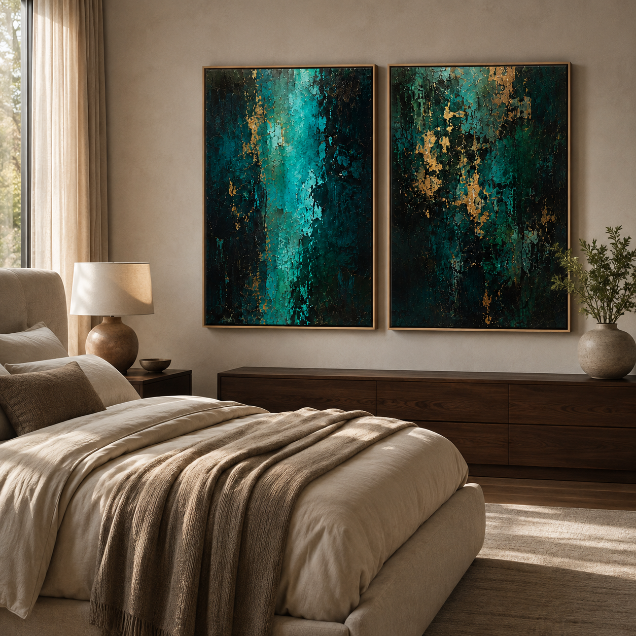 Green and gold wall art diptych above a dresser in a warm-toned bedroom – Twin Currents by Rossetti Art