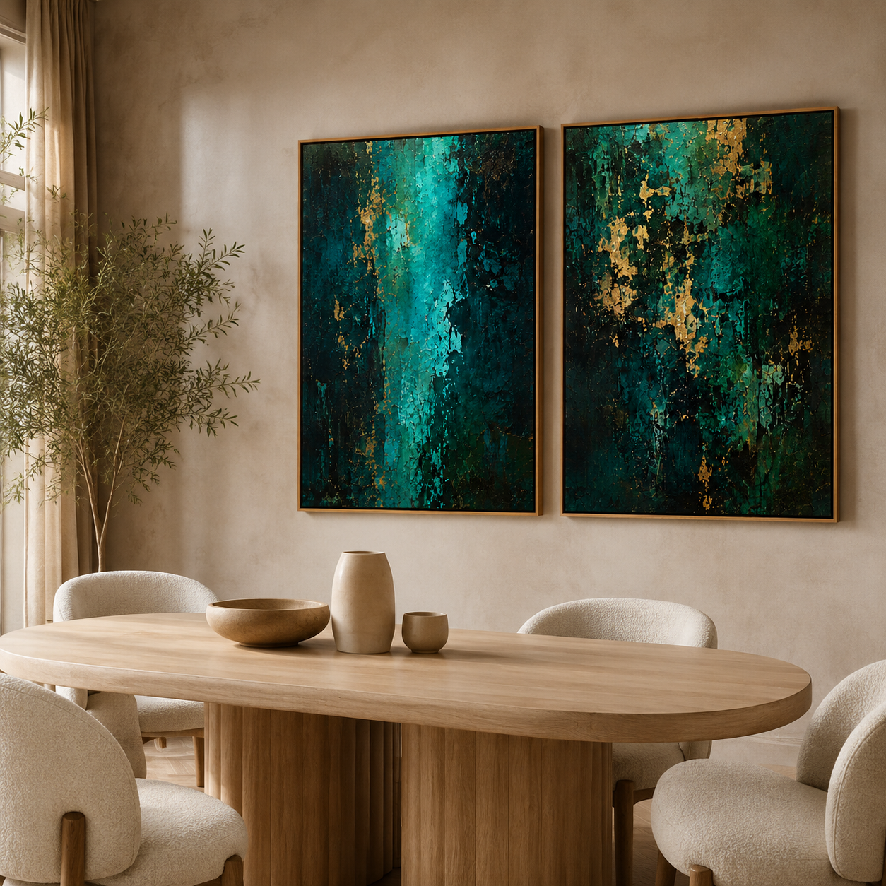 Green and gold wall art diptych displayed above a wooden dining table with upholstered chairs – Twin Currents by Rossetti Art