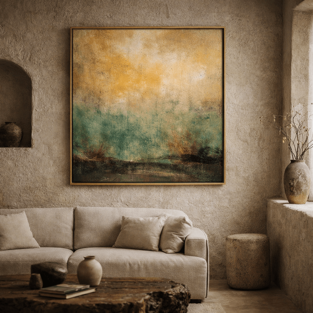 Green Gold Abstract Original Painting on Canvas | Golden Veil Horizon by Rossetti Art modern abstract canvas wall art by Rossetti Art – luxury interior design artwork for living room, bedroom, office – abstractnew Entryway Original Paintings Living Room Original Paintings