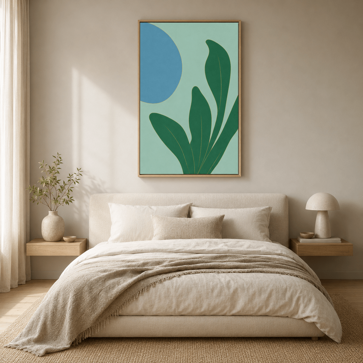 Vertical green leaf wall art with blue and gold details displayed in a modern bedroom
