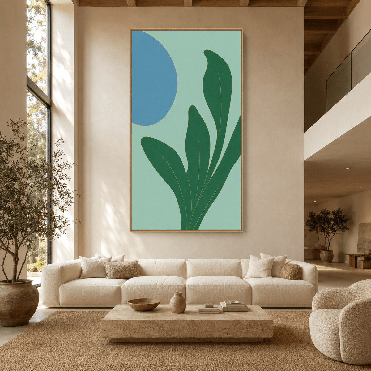 Oversized green leaf wall art in a hardwood floater frame displayed in a modern living room