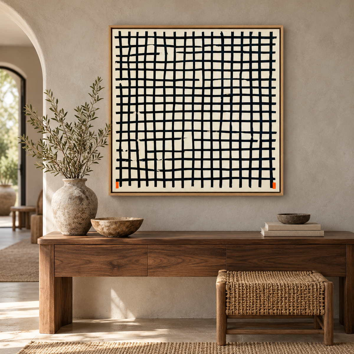 Grid Painting Canvas Print – Hand-Ruled by Rossetti Art – square minimalist grid canvas above a wooden console in an entryway
