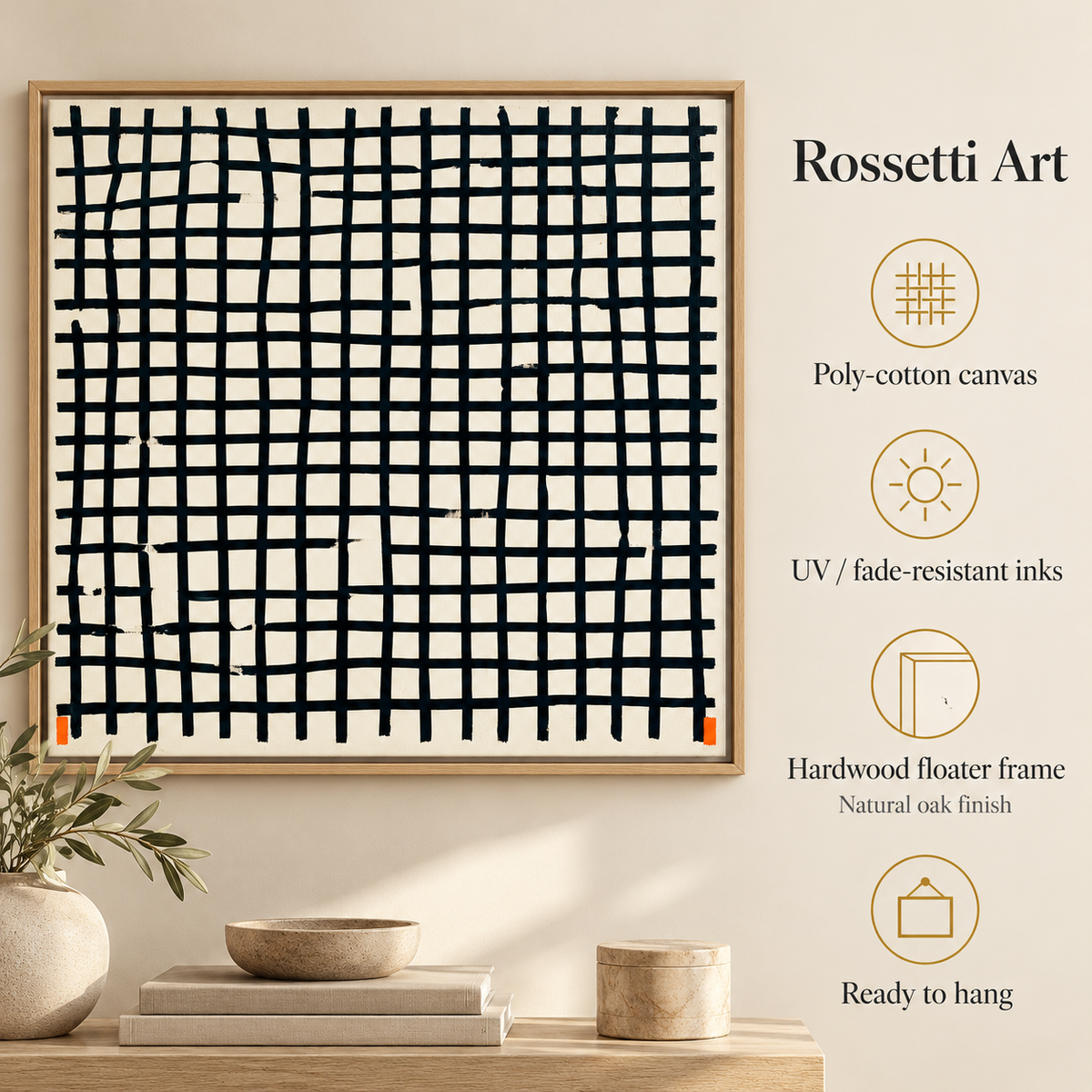Grid Painting Canvas Print – Hand-Ruled by Rossetti Art – poly-cotton canvas, UV and fade-resistant inks, hardwood floater frame, ready to hang