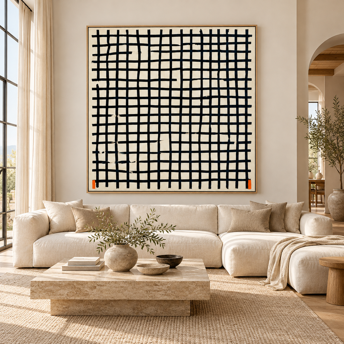 Grid Painting Canvas Print – Hand-Ruled by Rossetti Art – large square black and cream grid canvas above a cream sofa in a living room