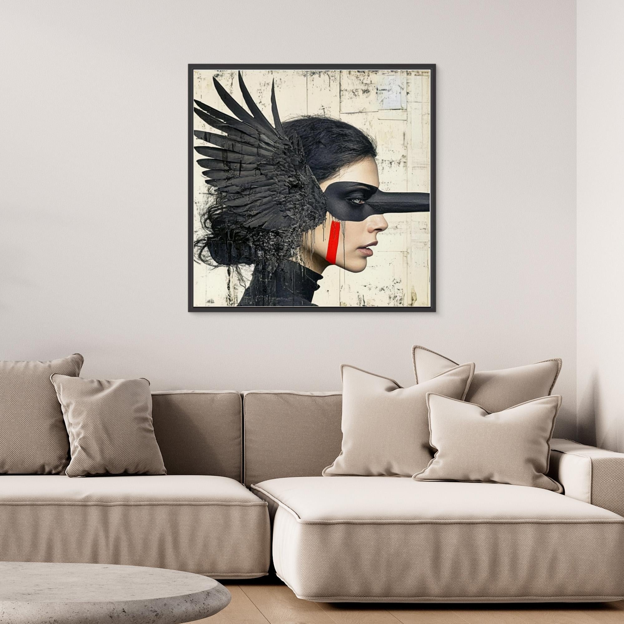 Canvas Print : Shadowed Wings - Modern Black Feathered Portrait Wall Decor