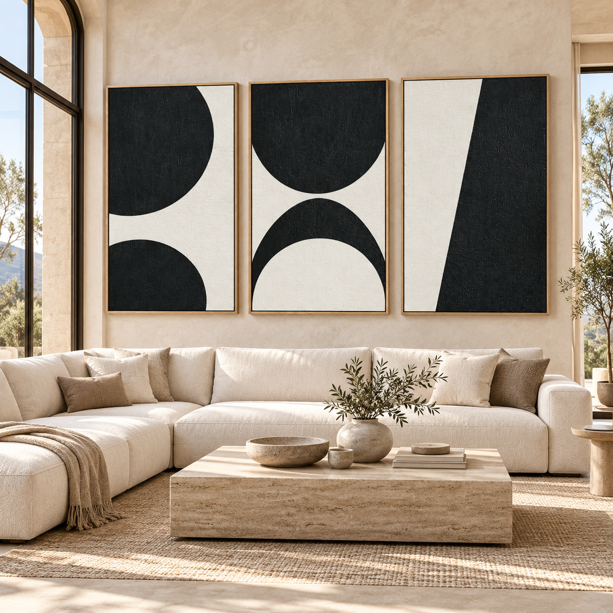 Half Circle Wall Art Set of 3 – Lunar Divide above a cream sectional sofa in a living room by Rossetti Art
