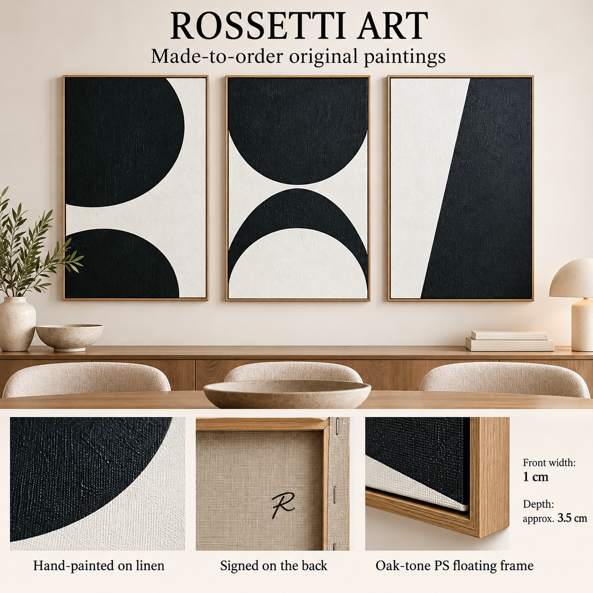 Half Circle Wall Art Set of 3 – Lunar Divide original paintings, hand-painted on linen with signed back and floating frame details by Rossetti Art