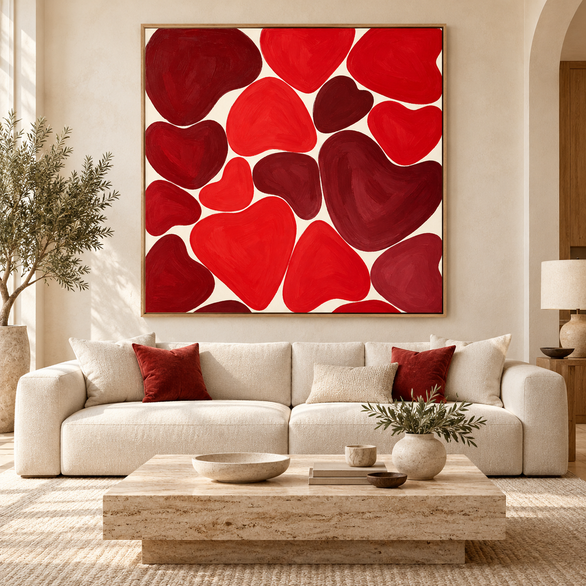 Oversized heart wall art Crimson Hearts above an ivory sofa – Rossetti Art