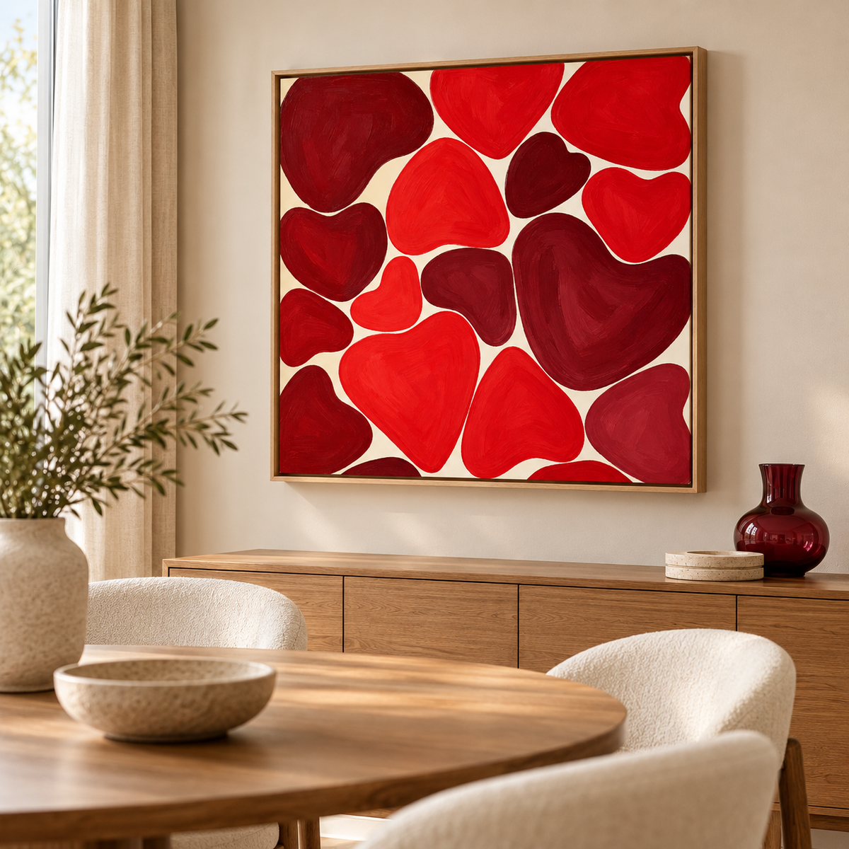 Heart Wall Art – Crimson Hearts canvas print above a modern sideboard by Rossetti Art