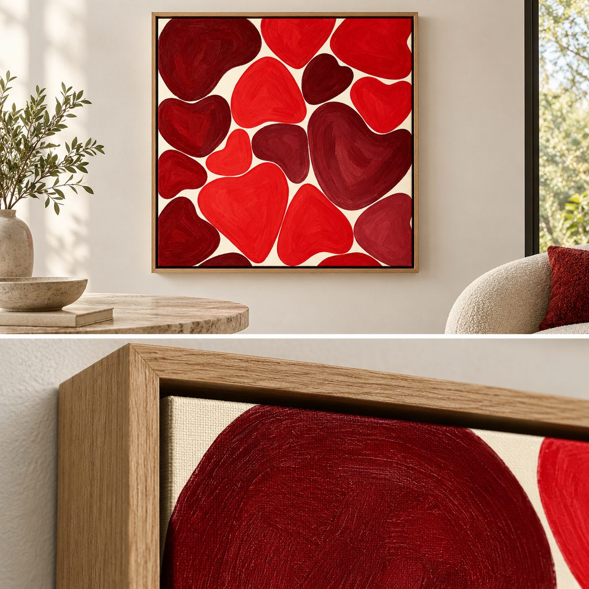 Heart Wall Art – Crimson Hearts canvas print in a floater frame by Rossetti Art