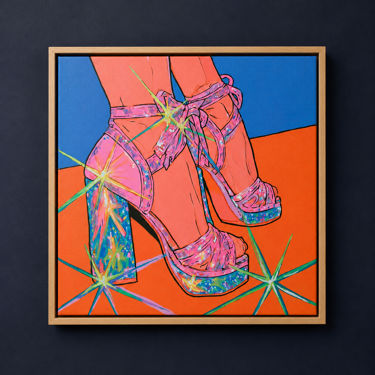 Front view of high heel wall art in pink, blue and orange tones