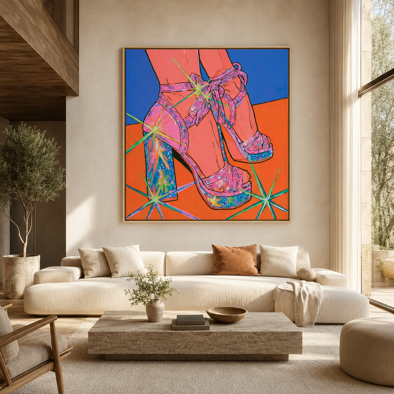 Oversized high heel wall art in an oak floater frame in a modern living room