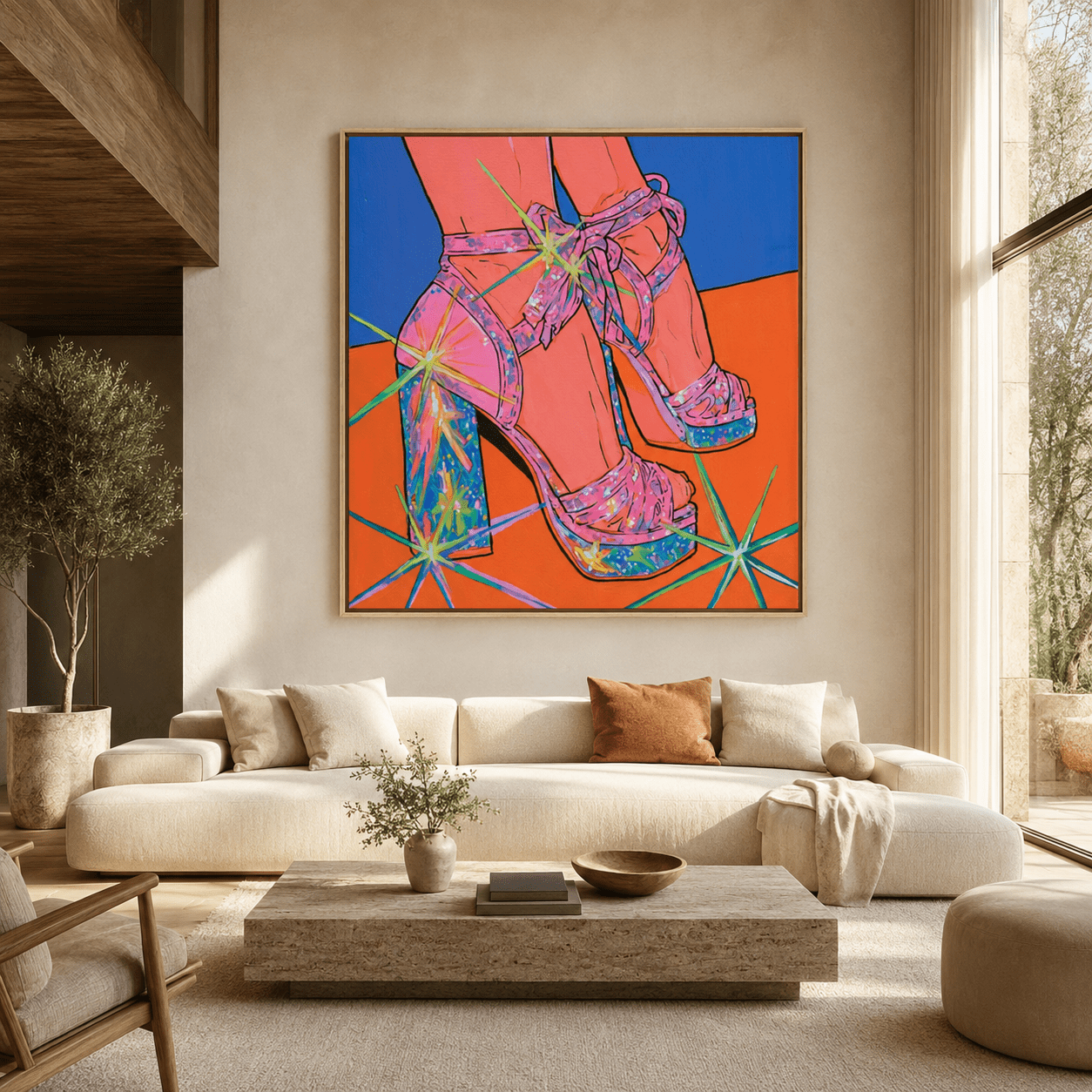 Oversized high heel wall art in an oak floater frame in a modern living room