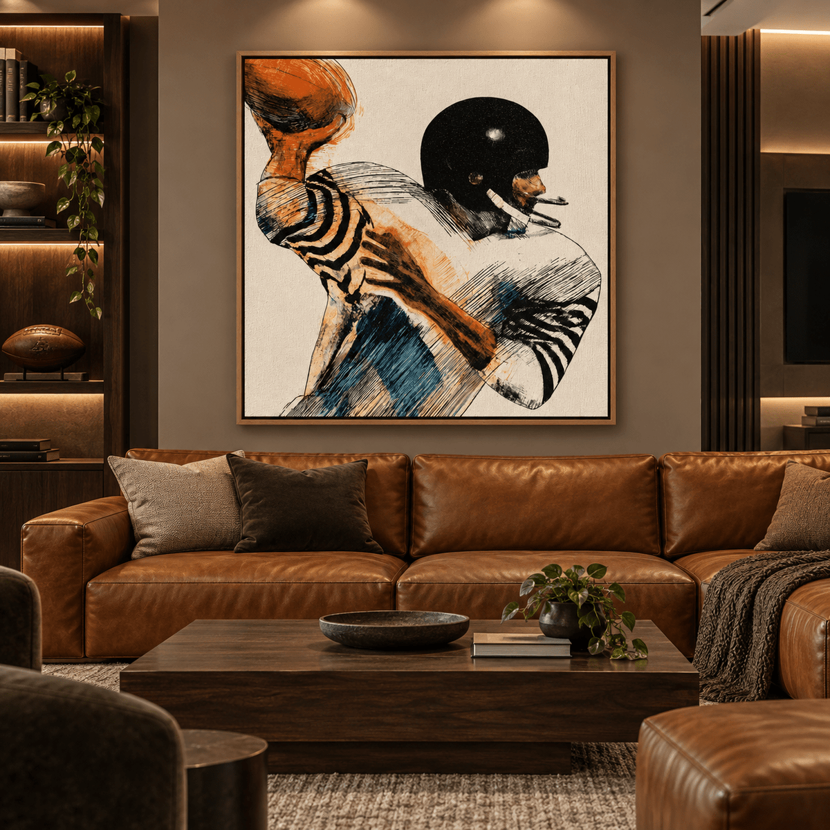 Gridiron Motion framed canvas print in a dark lounge
