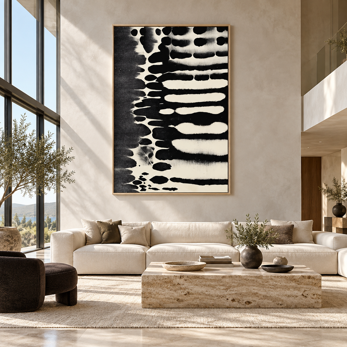 Ink Wash Painting Canvas Print – Ink Rhythm above a cream sofa in a living room by Rossetti Art