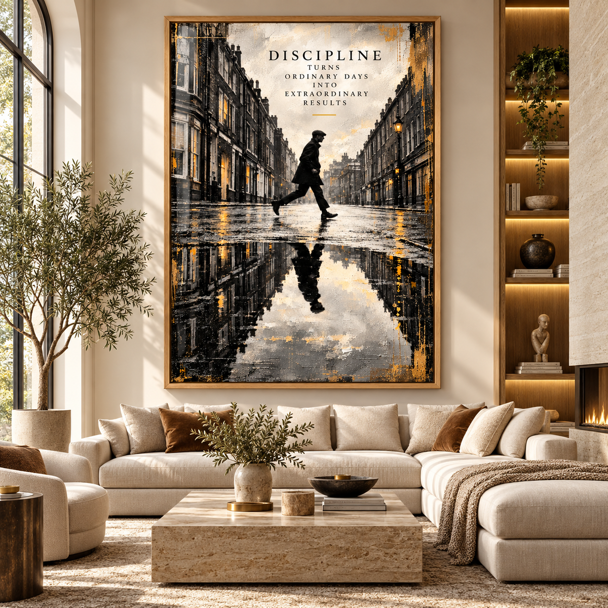 Inspirational quote wall art – Ordinary Days black, cream and gold acrylic print above a cream sofa in a sunlit living room by Rossetti Art