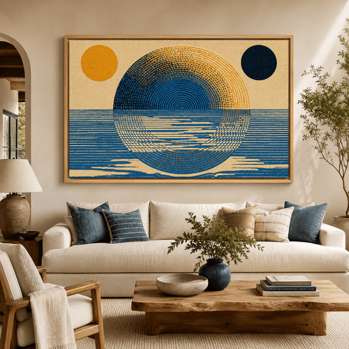 Japandi Wall Art Landscape – Solar Tide canvas print above a sofa in a living room