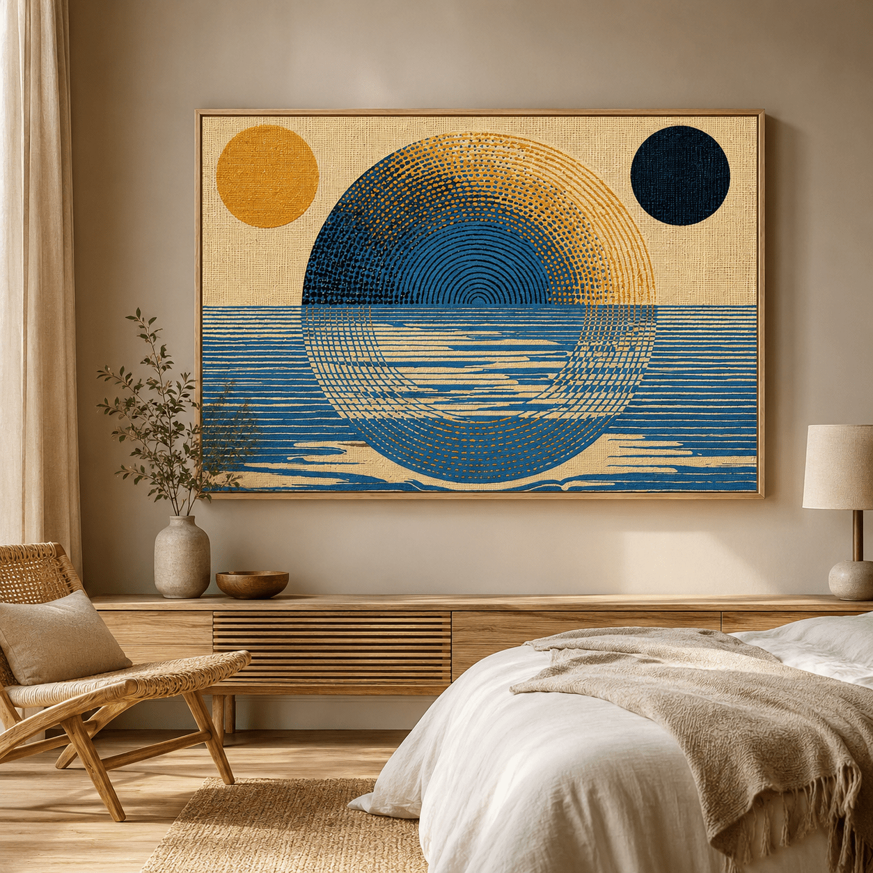 Japandi Wall Art Landscape — Solar Tide | Rossetti Art modern abstract canvas wall art by Rossetti Art – luxury interior design artwork for living room, bedroom, office – abstract Bedroom Canvas Prints horizontal