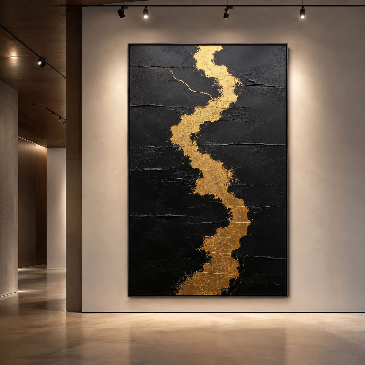 Kintsugi Painting – Gilded Fracture, gold leaf crack running down a black textured canvas, displayed in a gallery hallway