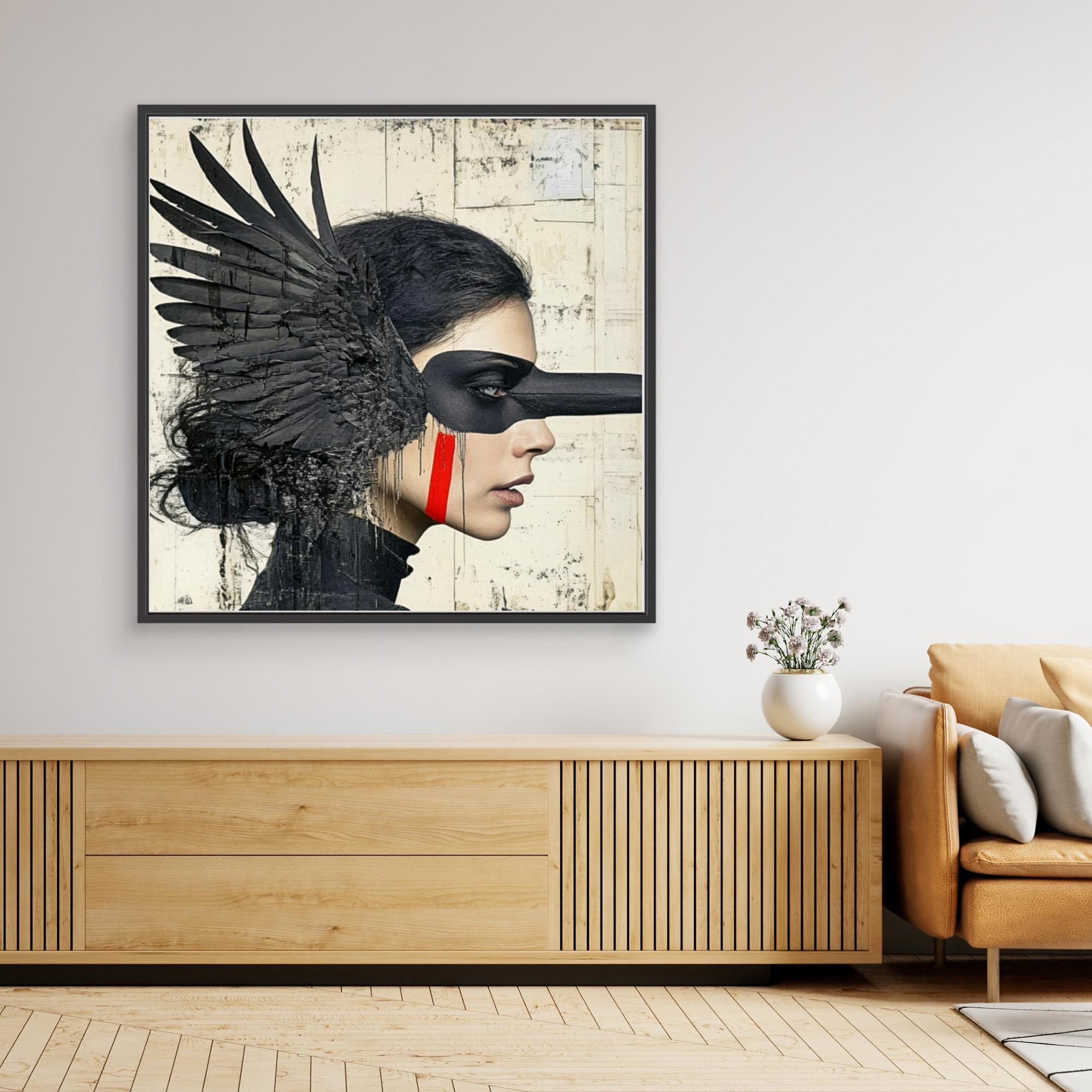 Canvas Print : Shadowed Wings - Modern Black Feathered Portrait Wall Decor