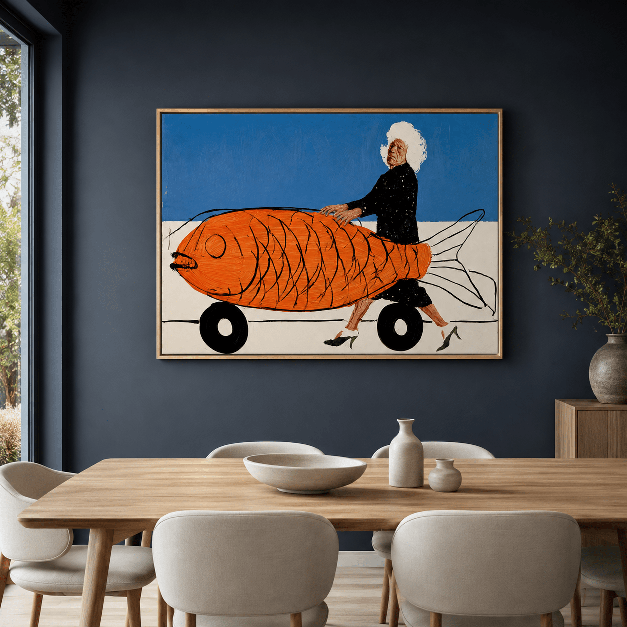 Large fish wall art canvas print above a dining table in a dark charcoal dining room – The Haul by Rossetti Art