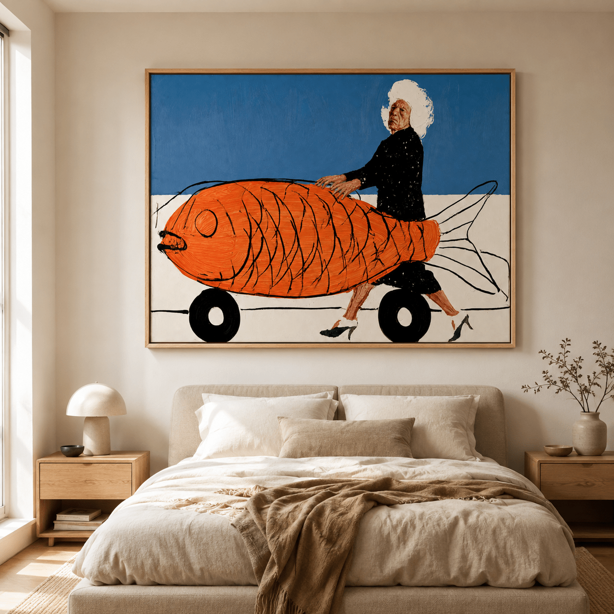 Large fish wall art canvas print above the bed in a cream and beige bedroom – The Haul by Rossetti Art