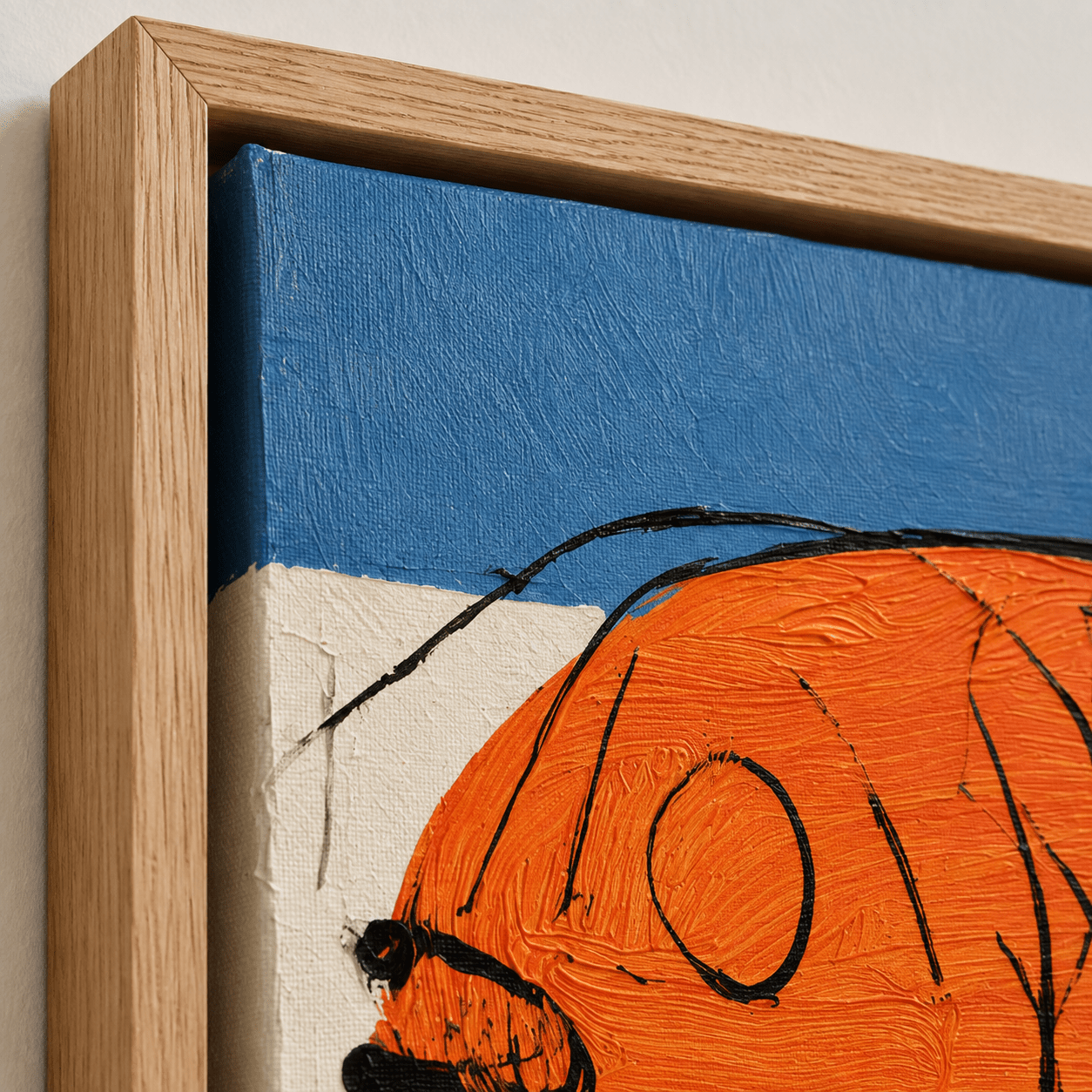 Close-up detail of large fish wall art canvas texture and oak floater frame corner – The Haul by Rossetti Art
