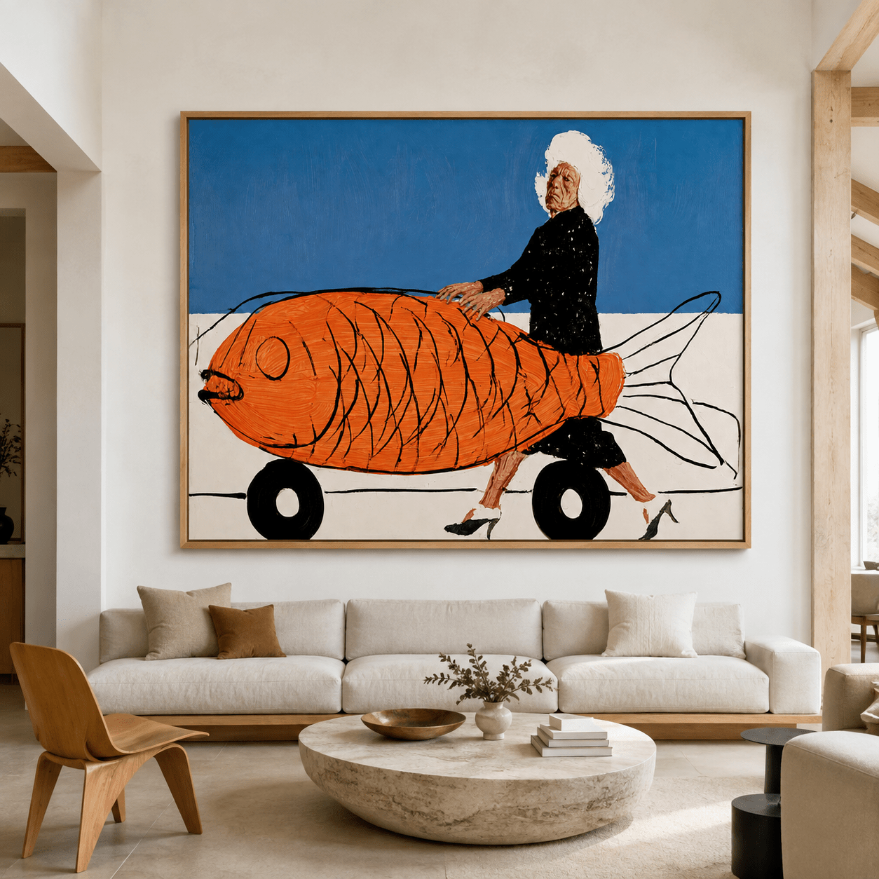 Large fish wall art canvas print above a sofa in a bright, high-ceilinged living room – The Haul by Rossetti Art
