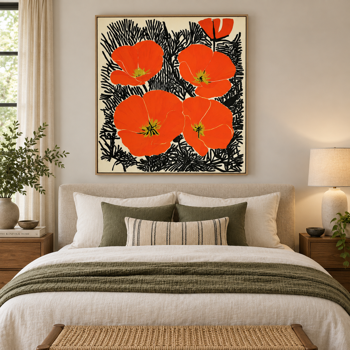 Large floral wall art orange poppy canvas above a bed in a neutral bedroom – Poppy Ink Bloom by Rossetti Art