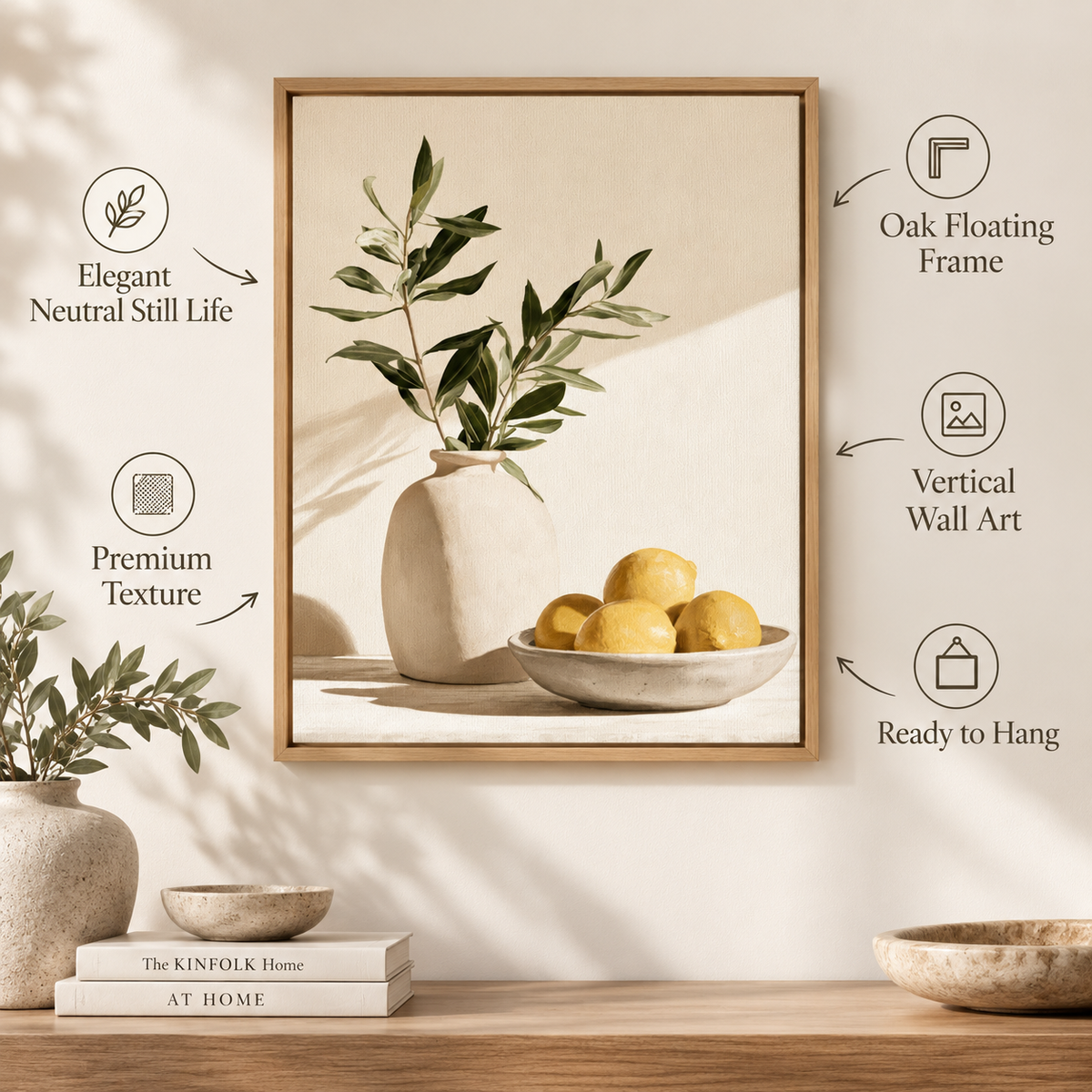 Lemon wall art features: neutral still life, vertical format, ready to hang – Citrus Morning by Rossetti Art