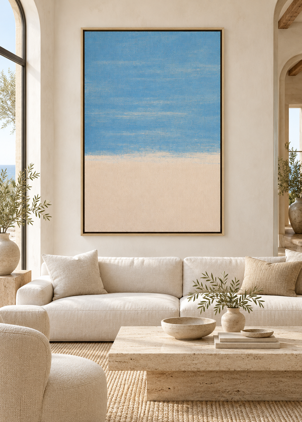 Light blue wall art Pale Shore above a cream sofa in a living room – Rossetti Art