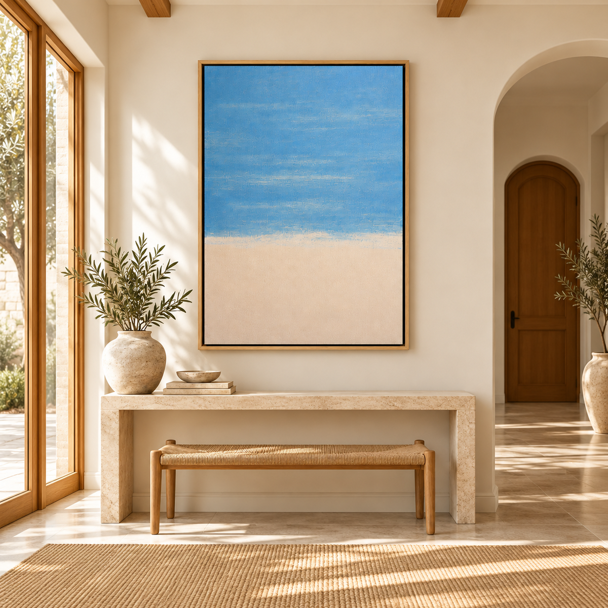 Light blue wall art Pale Shore above an entryway console and bench – Rossetti Art