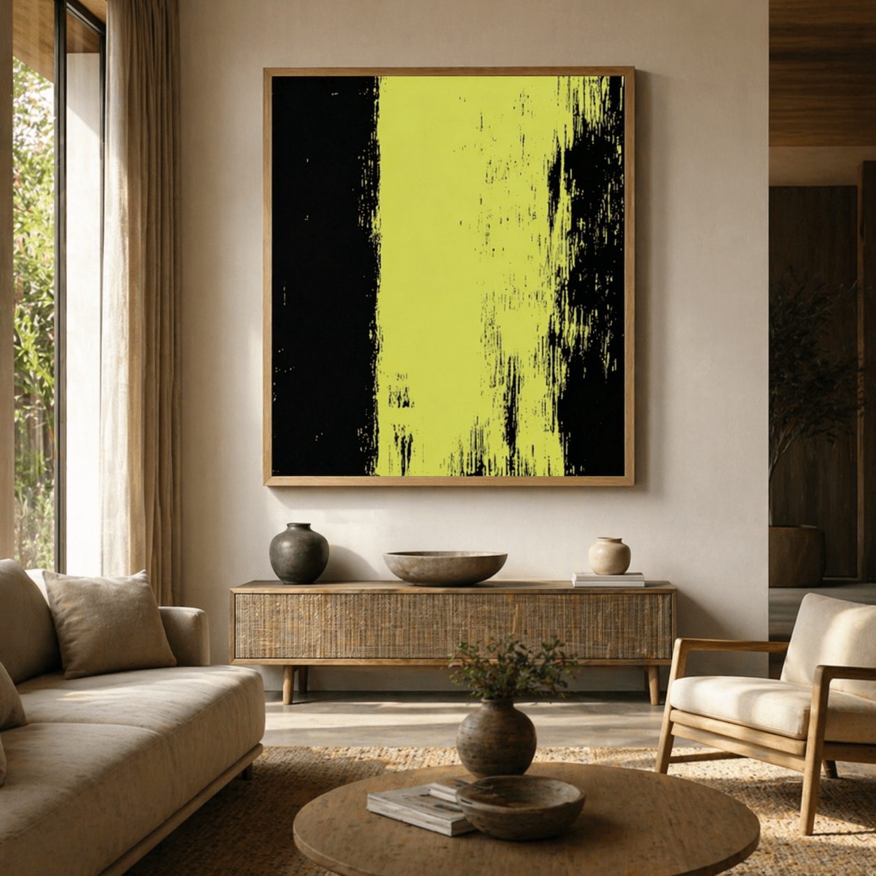 Lime Green Abstract Original Painting on Canvas – Electric Divide By Rossetti Art