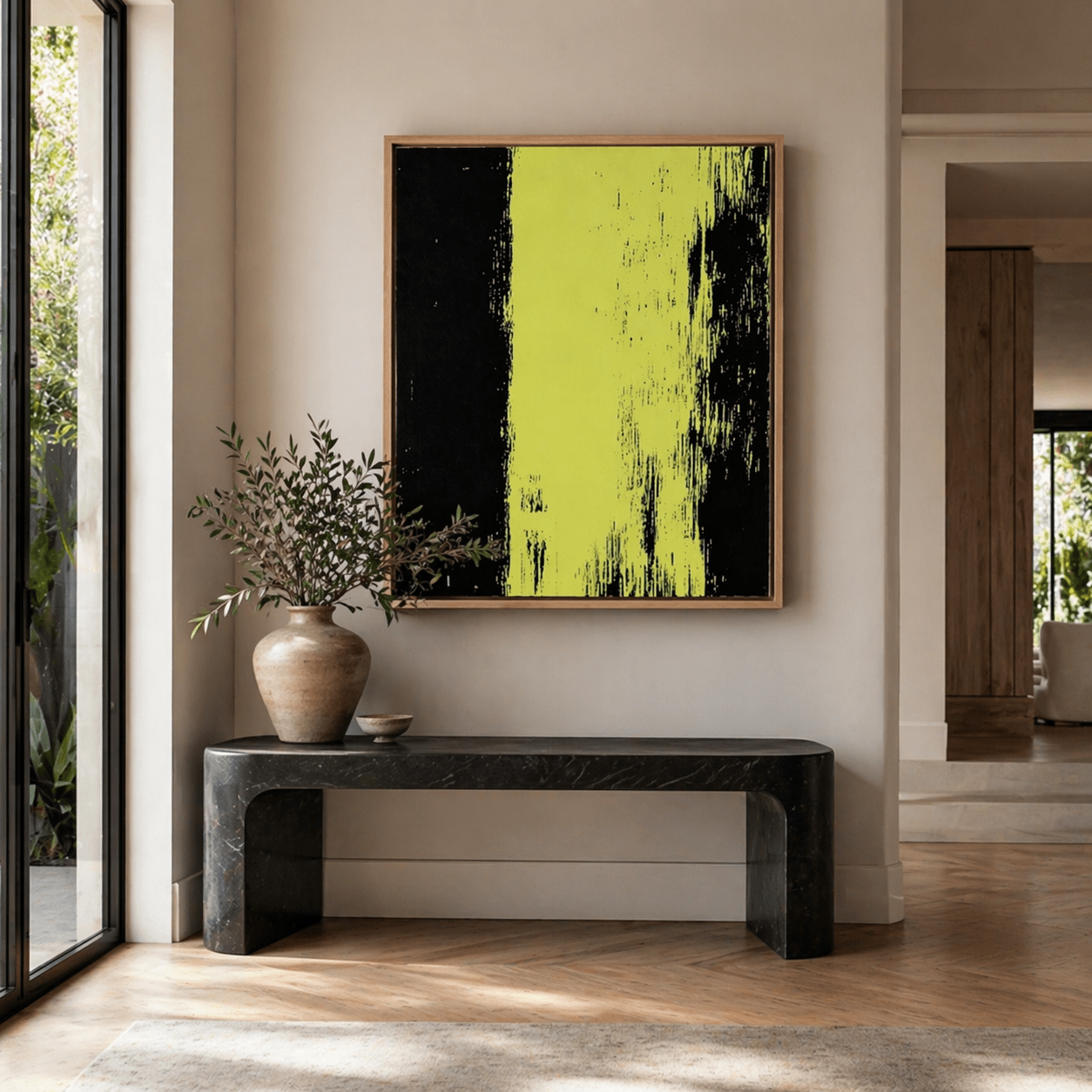 Lime Green Abstract Original Painting on Canvas – Electric Divide By Rossetti Art