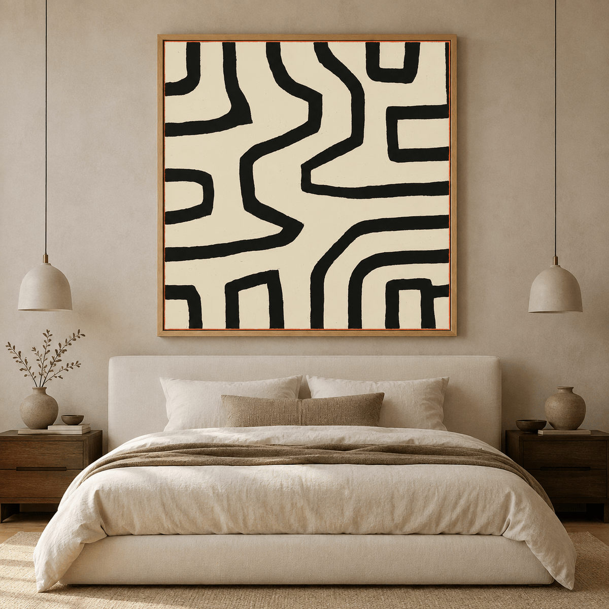 Winding Passage line drawing wall art framed canvas print above a bed in a neutral bedroom