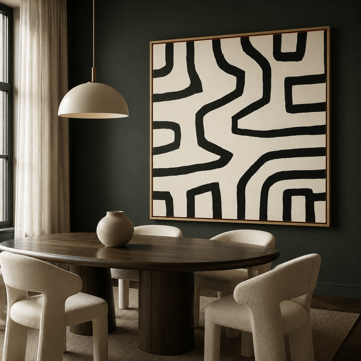 Winding Passage line drawing wall art canvas print on a dark green wall in a dining room