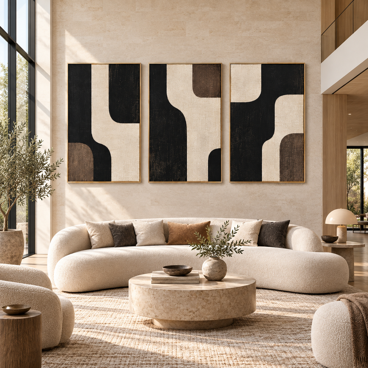 Linen wall art triptych hanging in a double-height living room – Walnut Passage by Rossetti Art