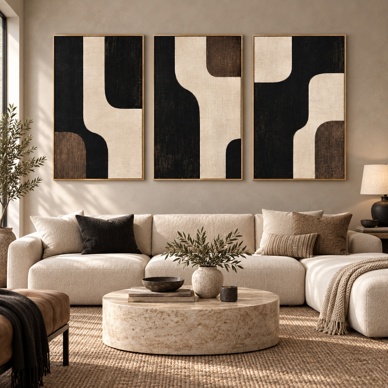 Linen wall art canvas set above a sectional sofa in a living room – Walnut Passage by Rossetti Art