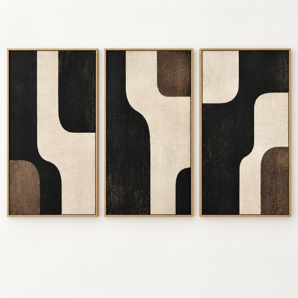 Linen wall art triptych with mid-century arch shapes in black, ivory, and walnut brown – Walnut Passage by Rossetti Art