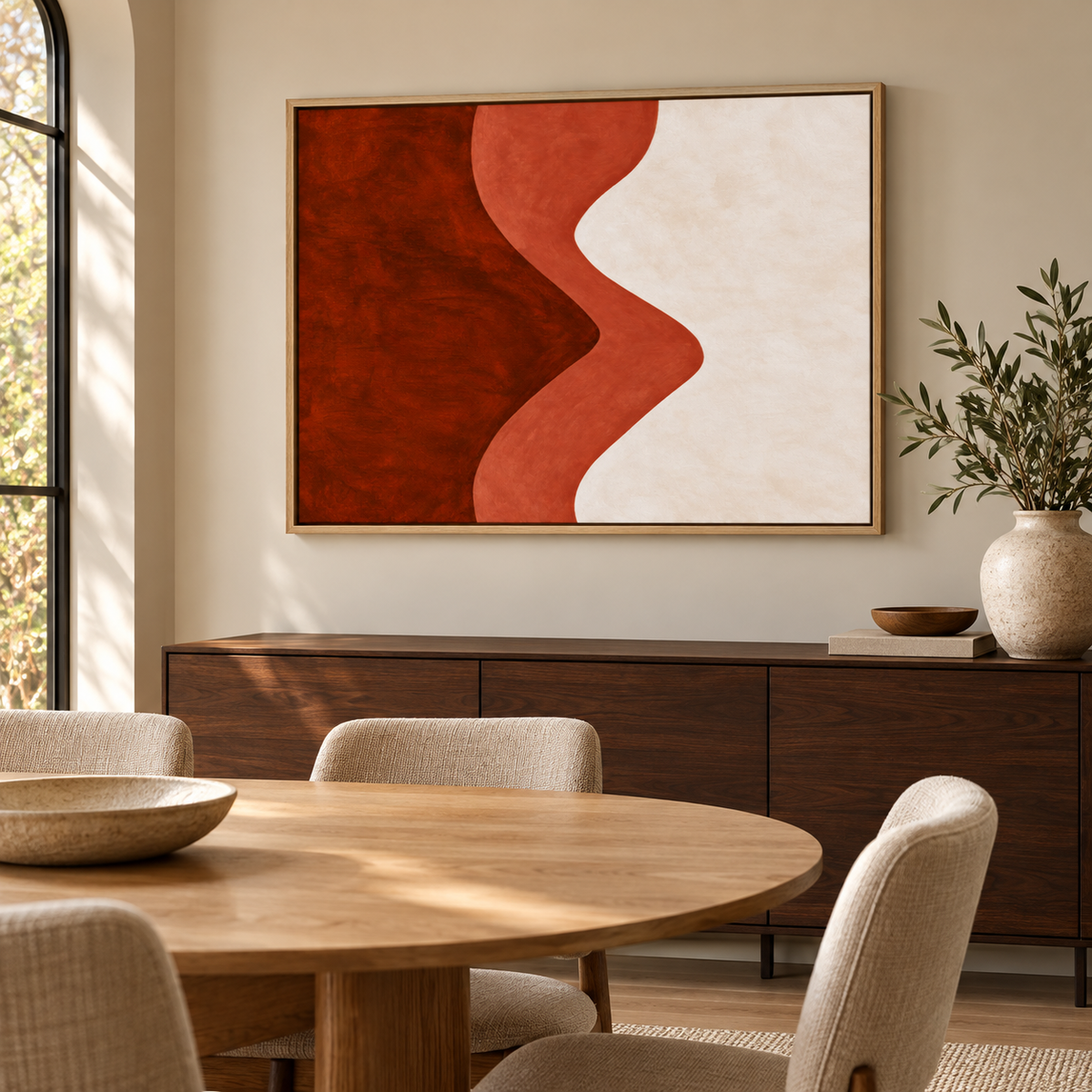 Maroon Wall Art – Ember Ripple canvas print by Rossetti Art above a wooden sideboard in a dining room