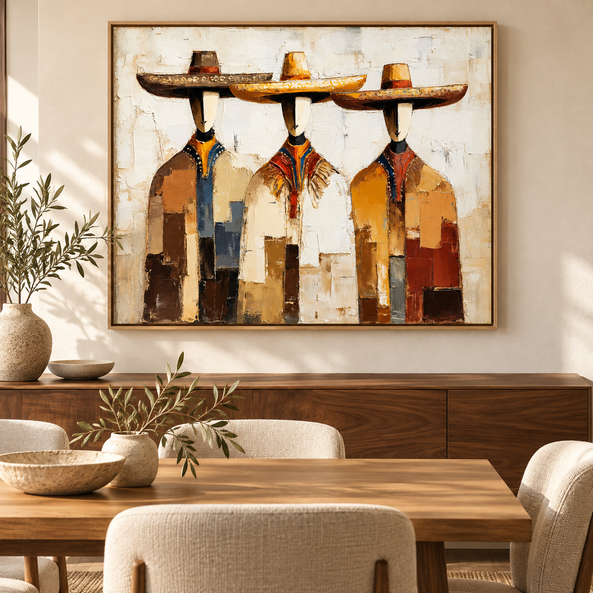 Mexican Wall Art – Tres Sombreros Original Painting in a floater frame in a dining room by Rossetti Art