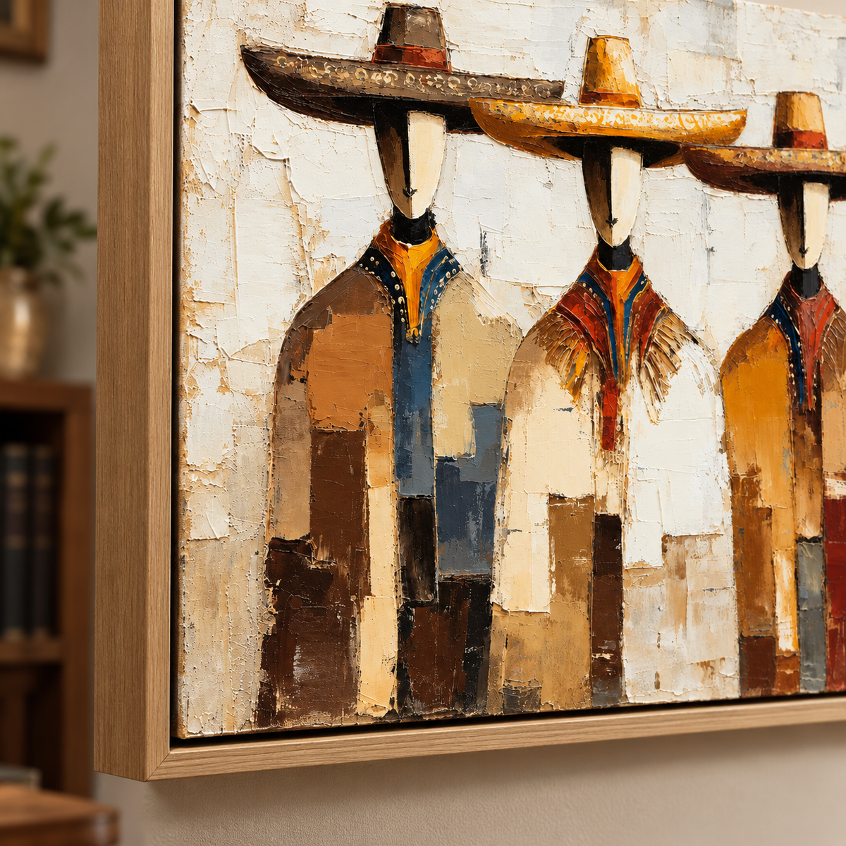 Mexican Wall Art – Tres Sombreros Original Painting corner close-up showing textured brushwork and floater frame by Rossetti Art