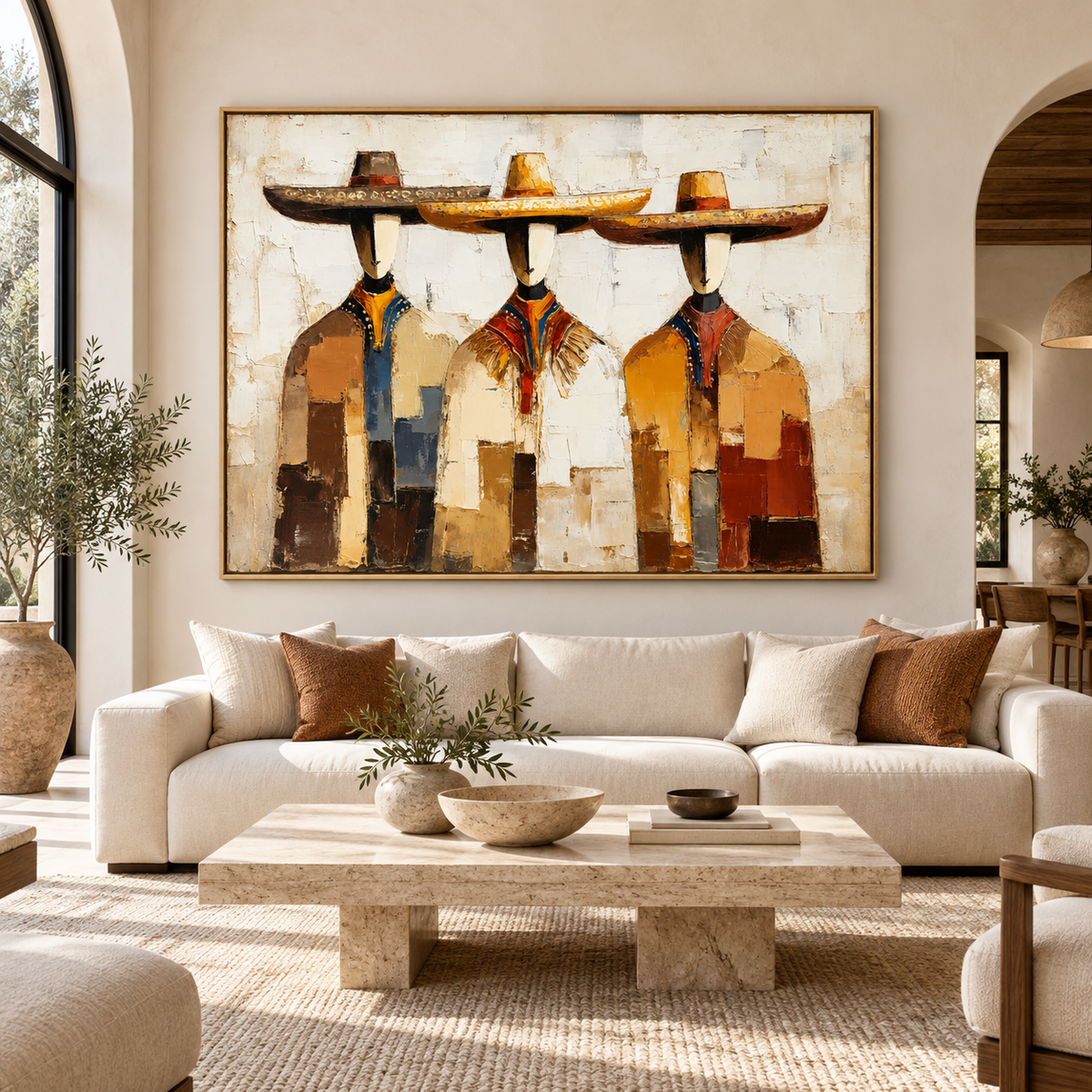 Mexican Wall Art – Tres Sombreros Original Painting above a cream sofa by Rossetti Art
