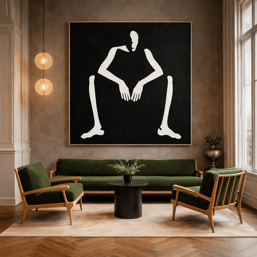 Minimalist Black and White Figurative Painting – Stillness in Contrast by Rossetti Art