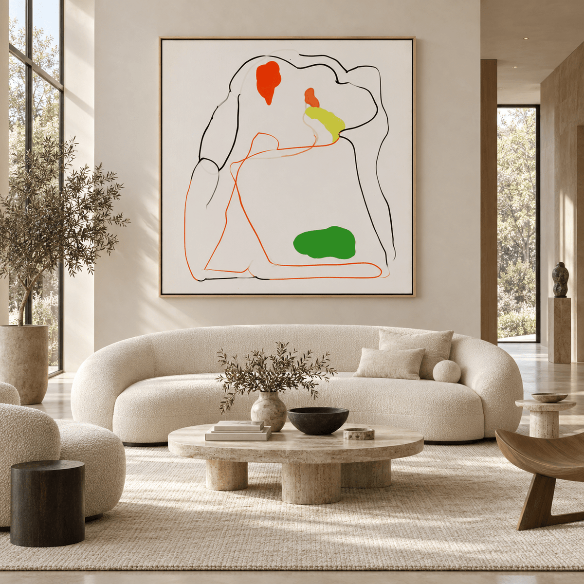 Minimalist line art wall art canvas hung above a cream living room sofa — Sun-Kissed Repose by Rossetti Art