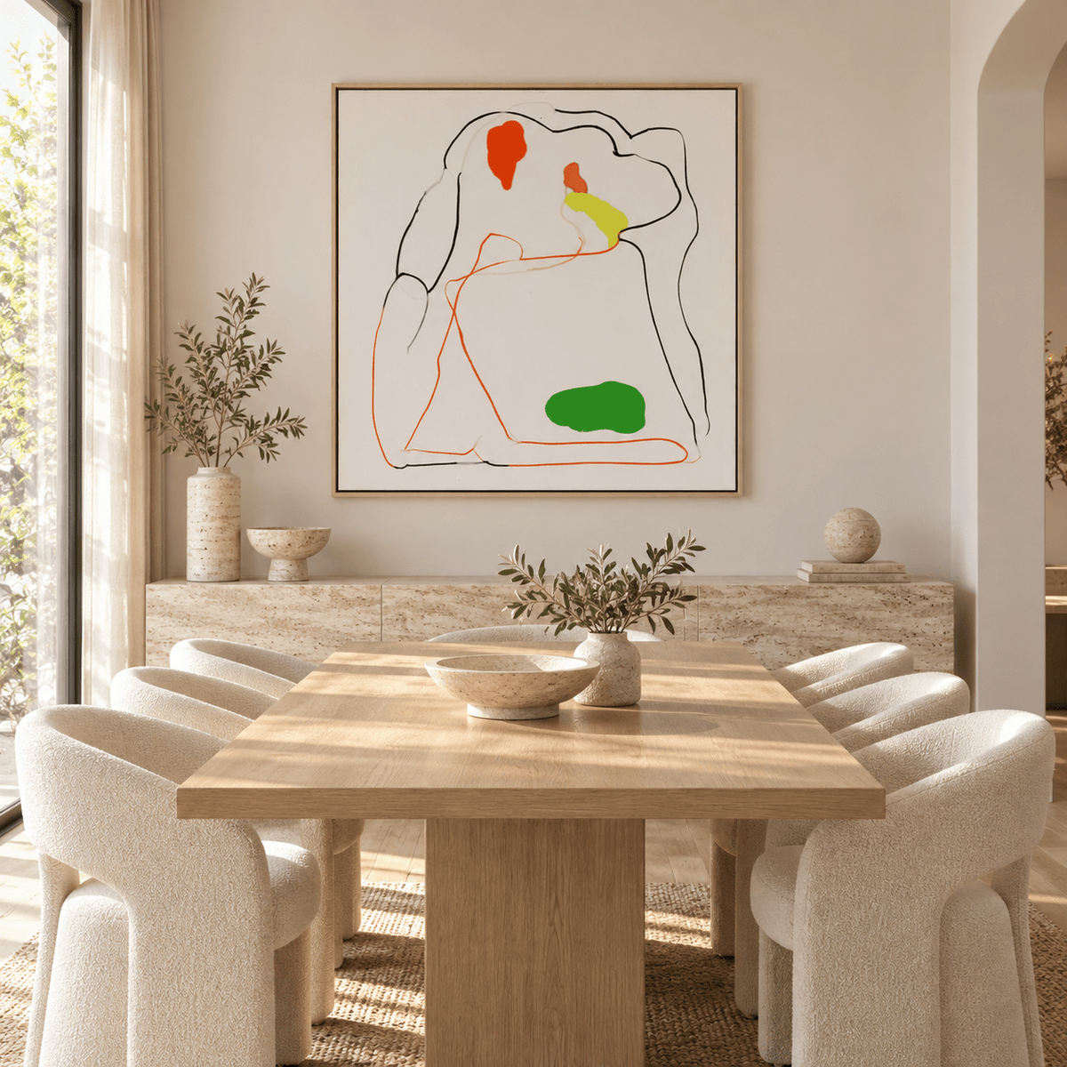 Minimalist line art wall art canvas hung above a dining room sideboard — Sun-Kissed Repose by Rossetti Art