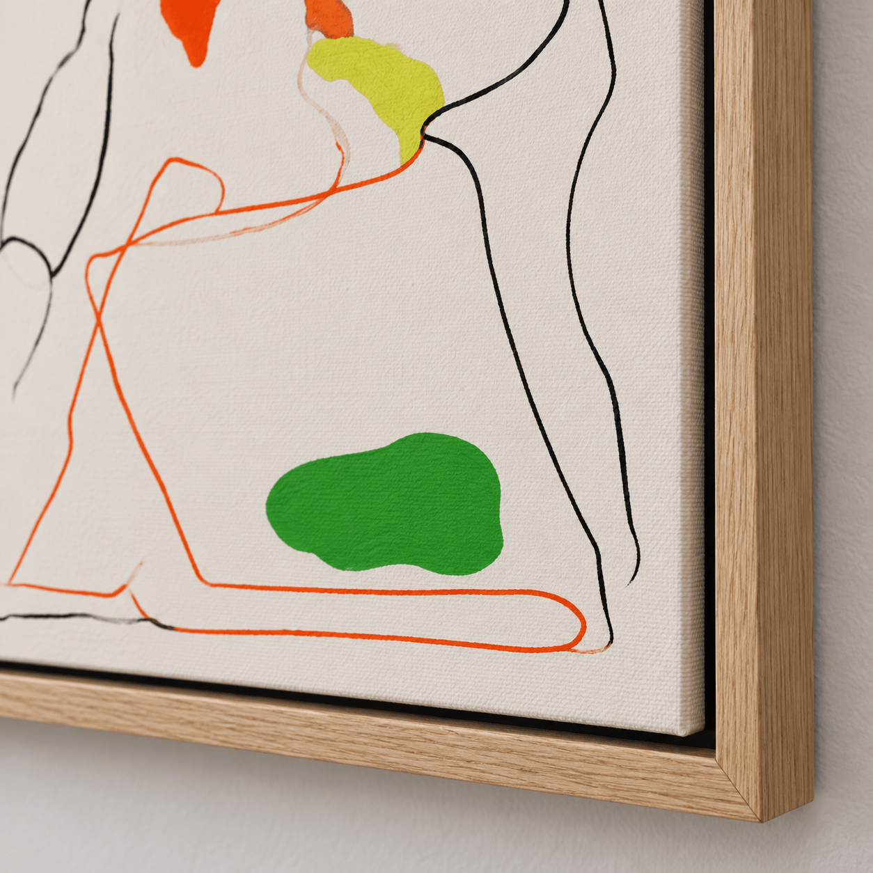 Close-up detail of the continuous line brushwork and oak float frame on the Sun-Kissed Repose minimalist line art canvas by Rossetti Art